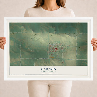 Map of Carson, North Dakota, 18 x 24 inch print in a white wood frame