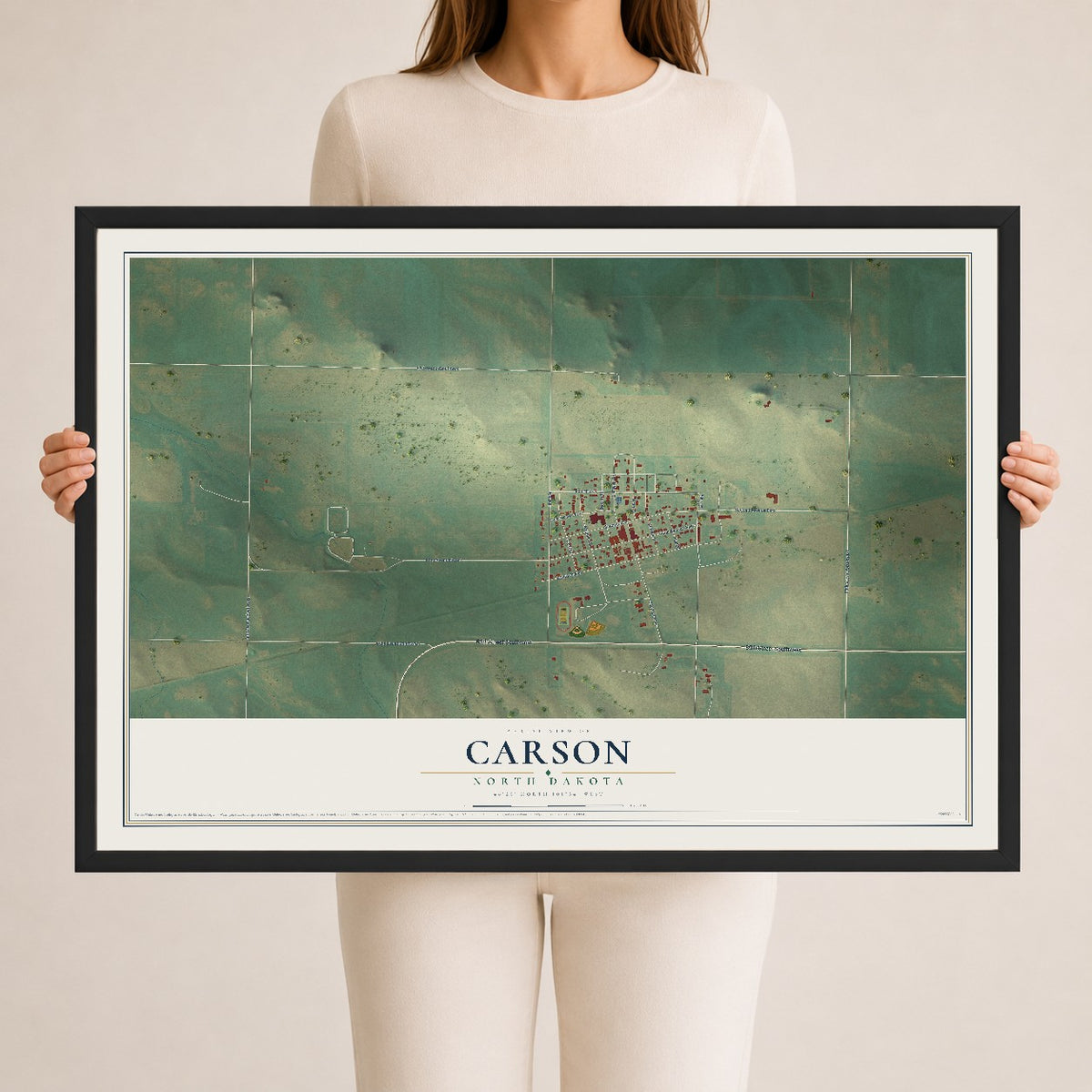 Map of Carson, North Dakota, 24 x 36 inch print in a black wood frame