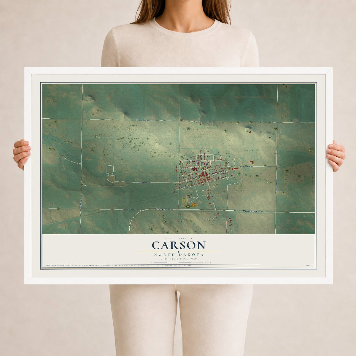 Map of Carson, North Dakota, 24 x 36 inch print in a white wood frame