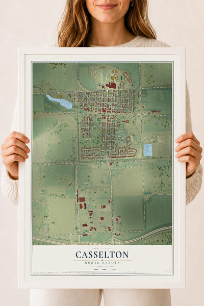 Map of Casselton, North Dakota, 18 x 24 inch print in a white wood frame