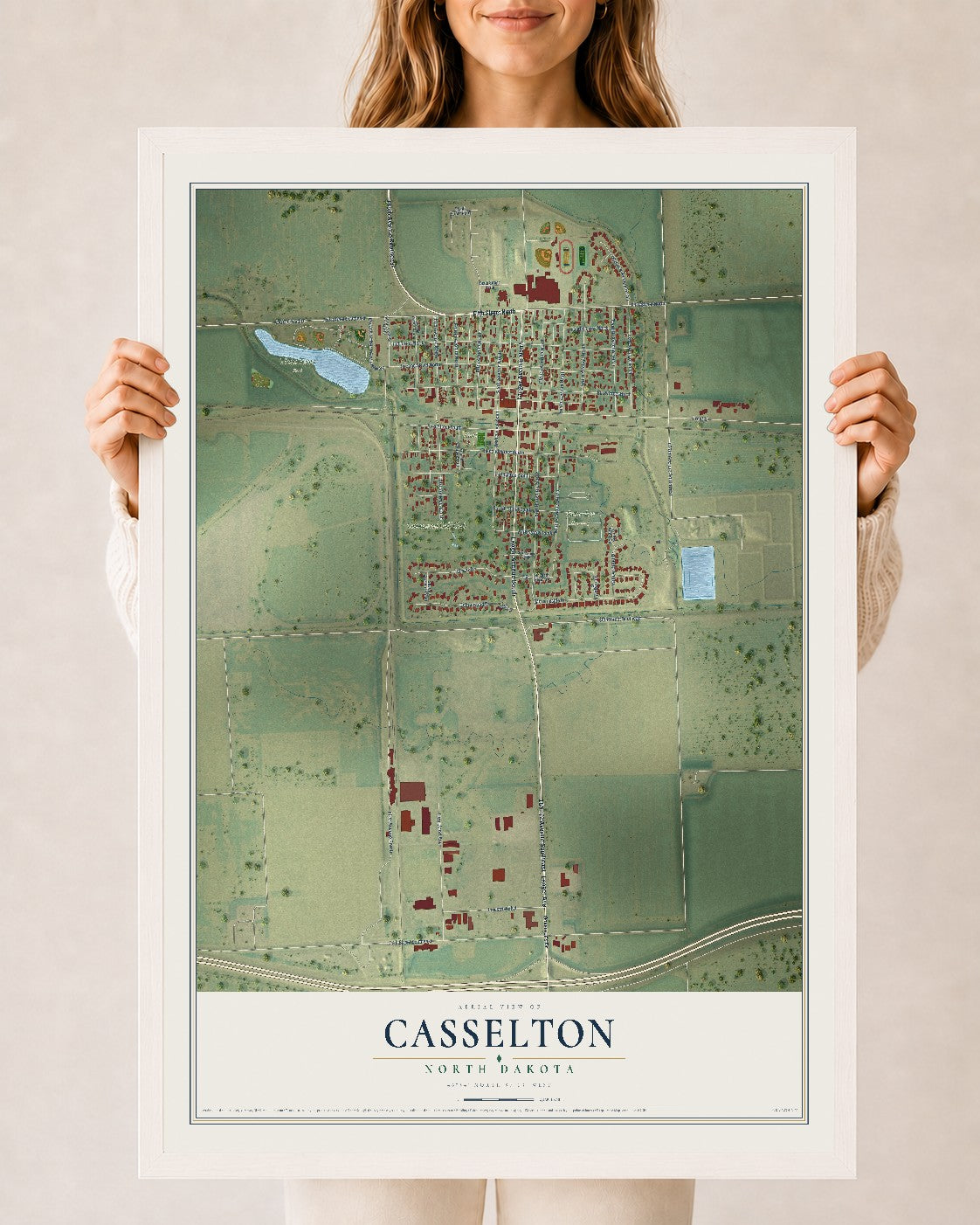 Map of Casselton, North Dakota, 24 x 36 inch print in a white wood frame