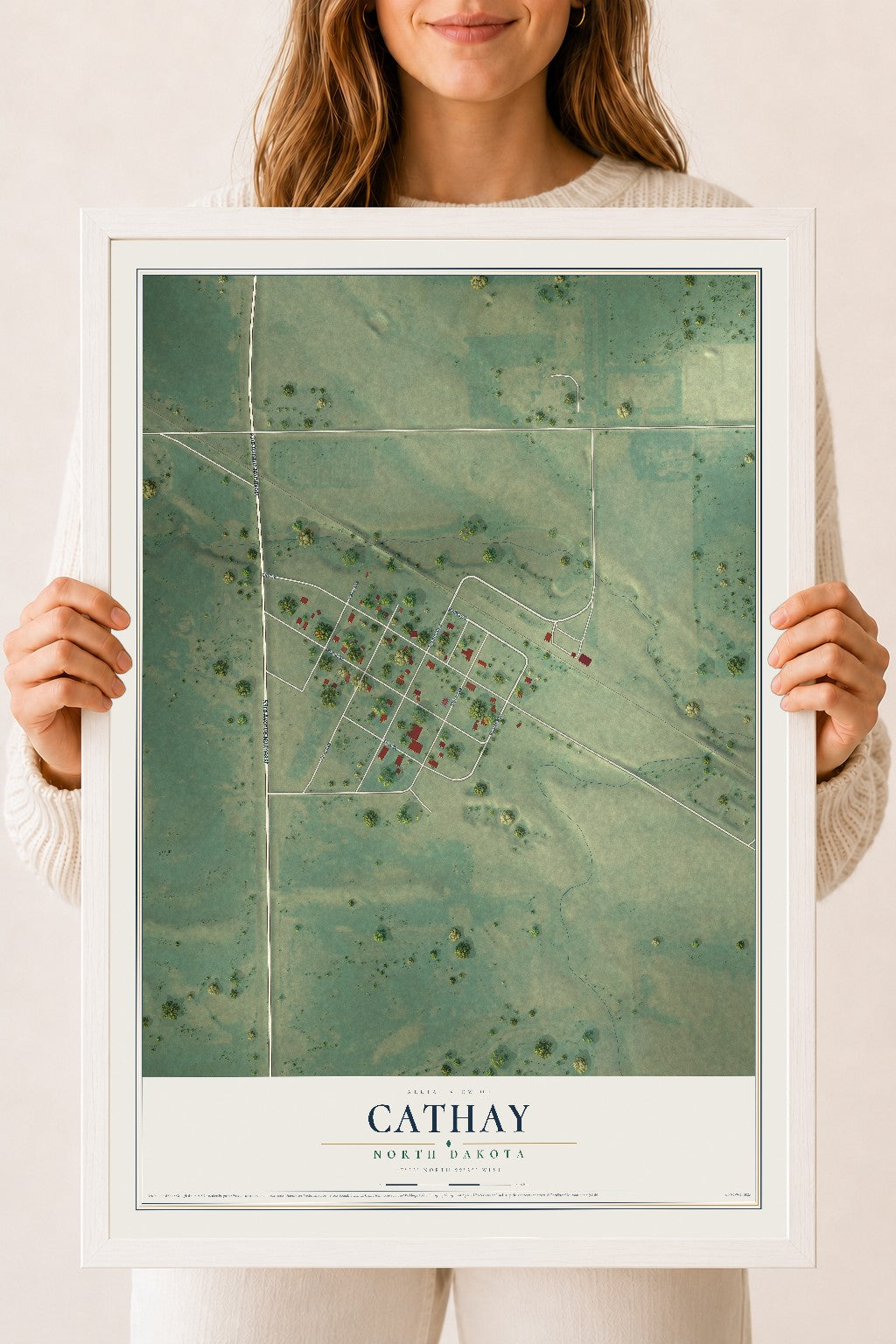 Map of Cathay, North Dakota, 18 x 24 inch print in a white wood frame