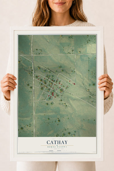 Map of Cathay, North Dakota, 18 x 24 inch print in a white wood frame