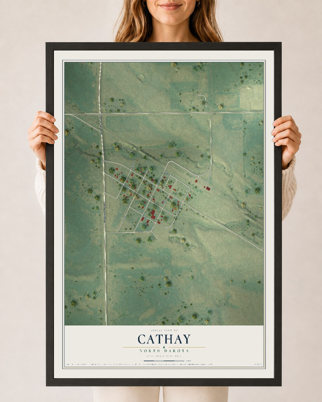 Map of Cathay, North Dakota, 24 x 36 inch print in a black wood frame