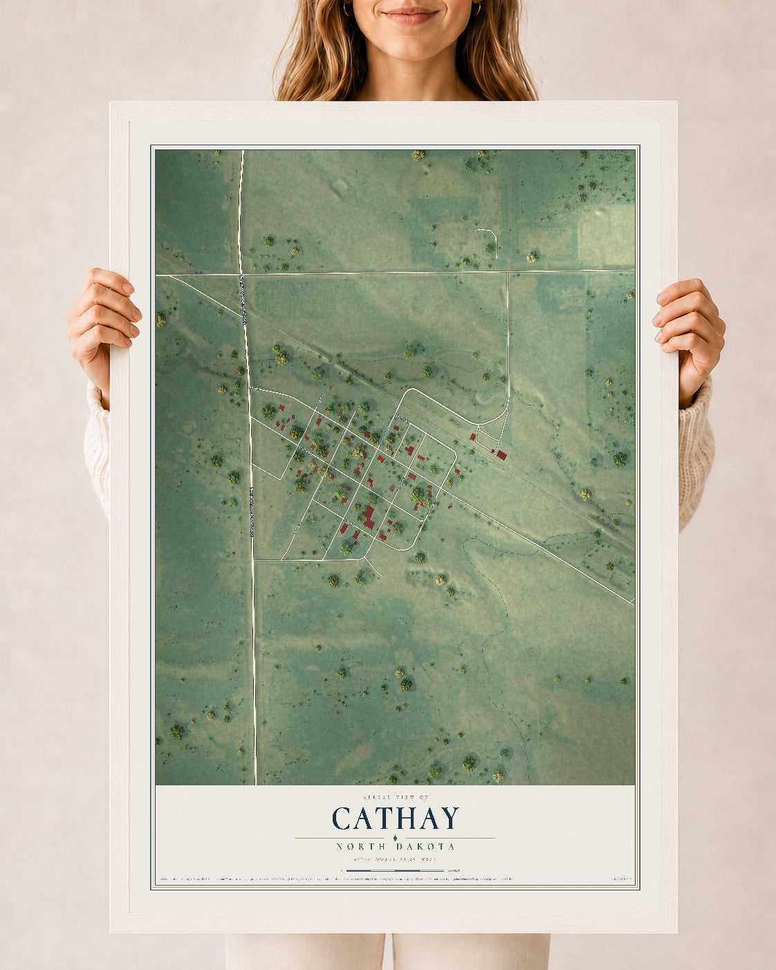 Map of Cathay, North Dakota, 24 x 36 inch print in a white wood frame