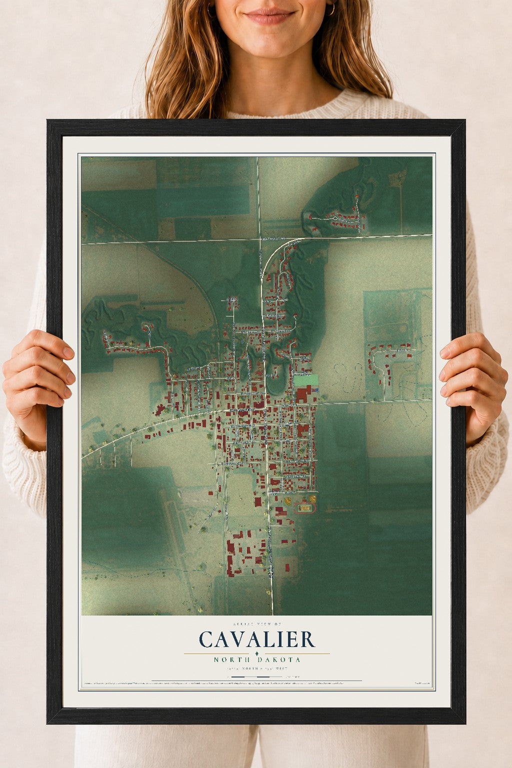 Map of Cavalier, North Dakota, 18 x 24 inch print in a black wood frame