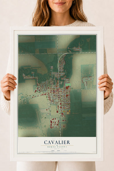 Map of Cavalier, North Dakota, 18 x 24 inch print in a white wood frame