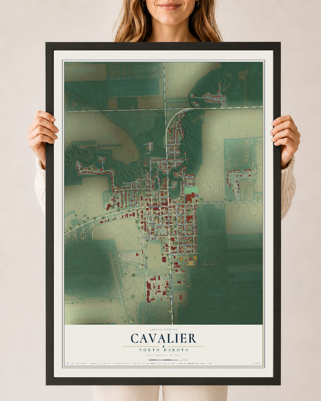 Map of Cavalier, North Dakota, 24 x 36 inch print in a black wood frame