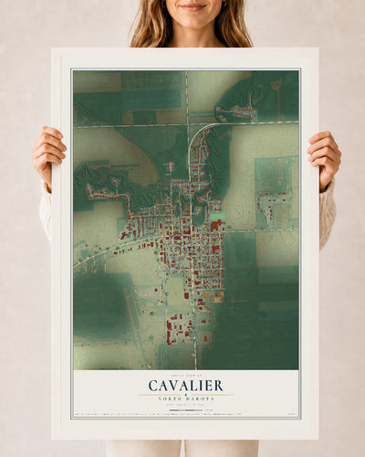 Map of Cavalier, North Dakota, 24 x 36 inch print in a white wood frame