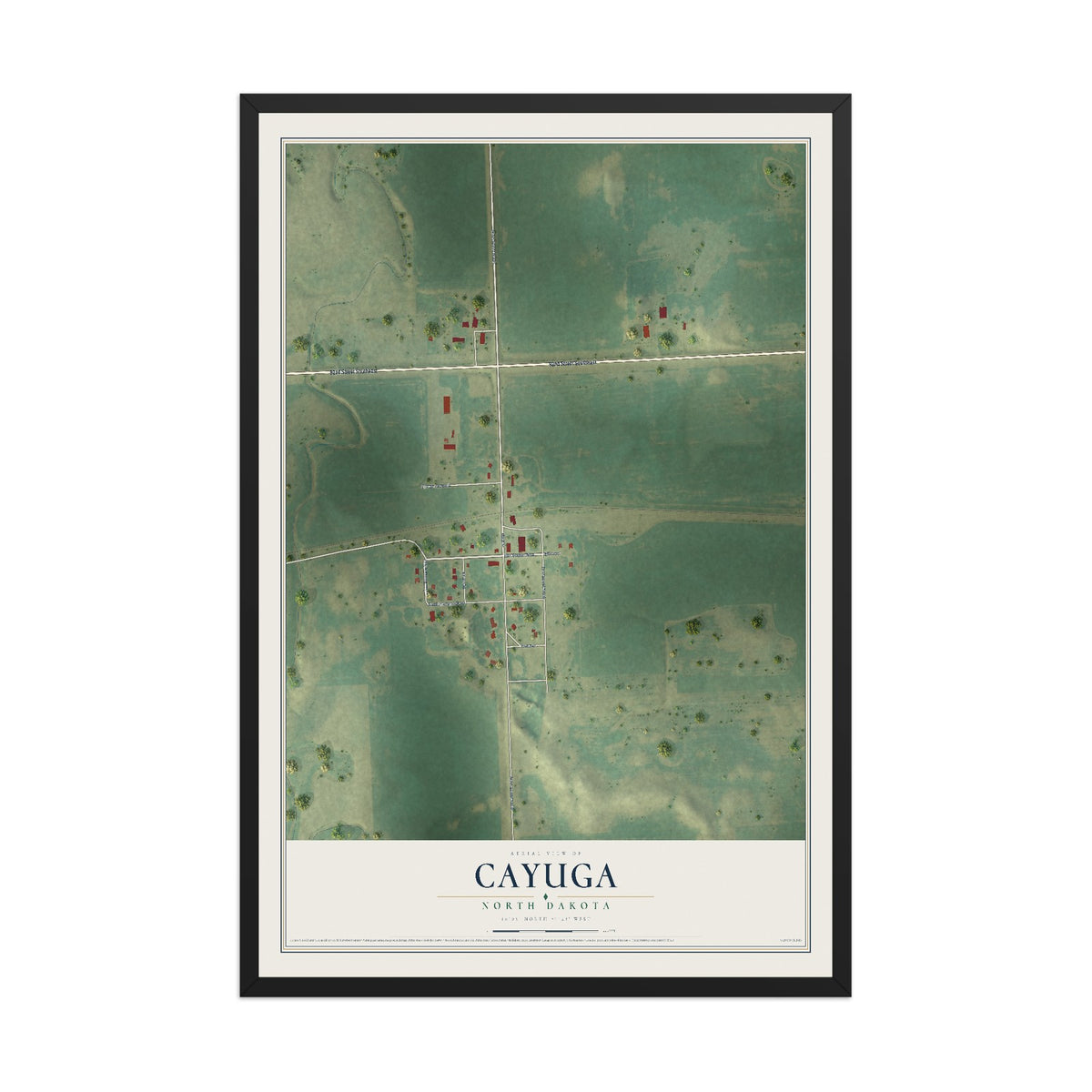 Map of Cayuga, North Dakota, 12 x 18 inch print in a black wood frame