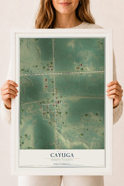 Map of Cayuga, North Dakota, 18 x 24 inch print in a white wood frame