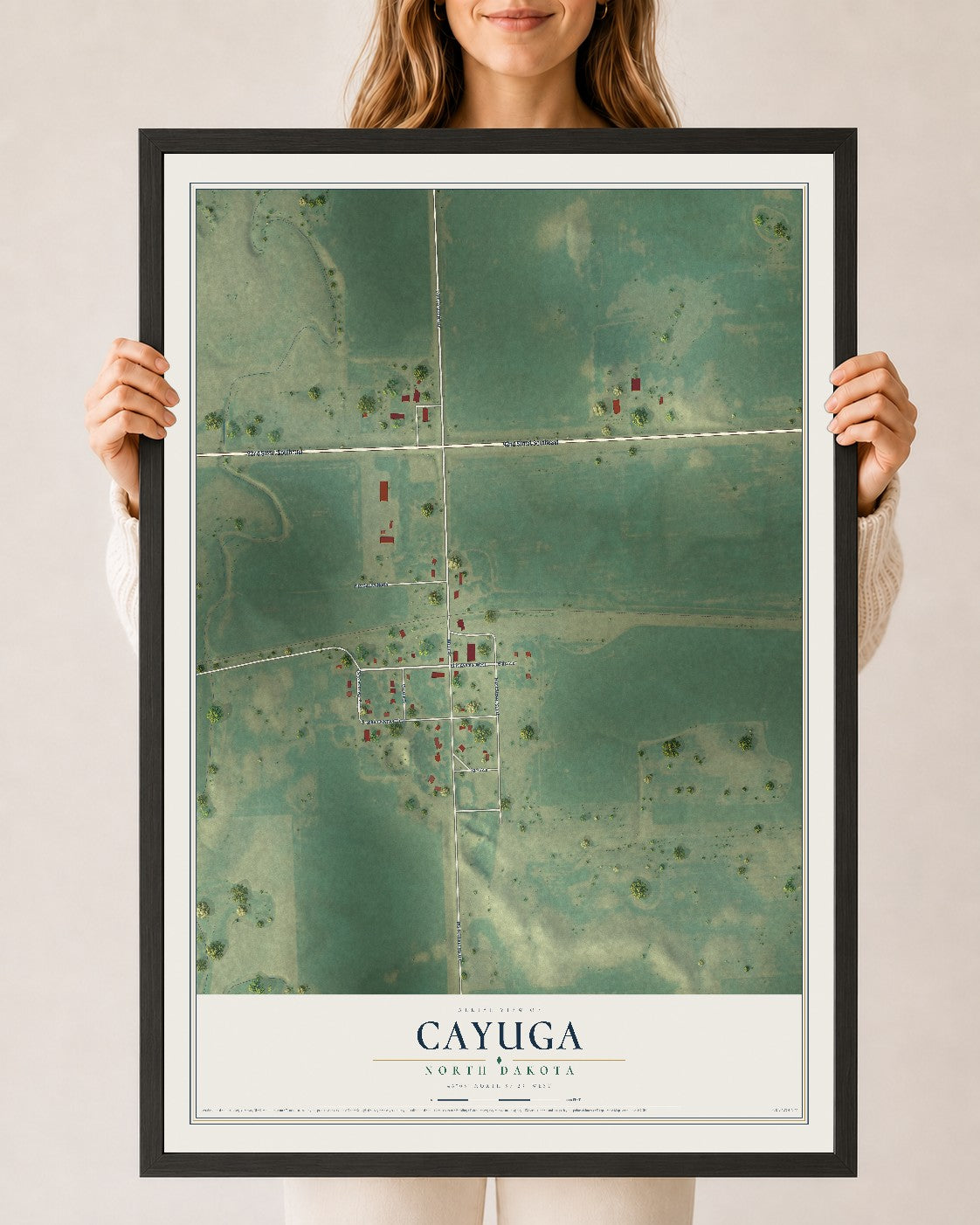 Map of Cayuga, North Dakota, 24 x 36 inch print in a black wood frame