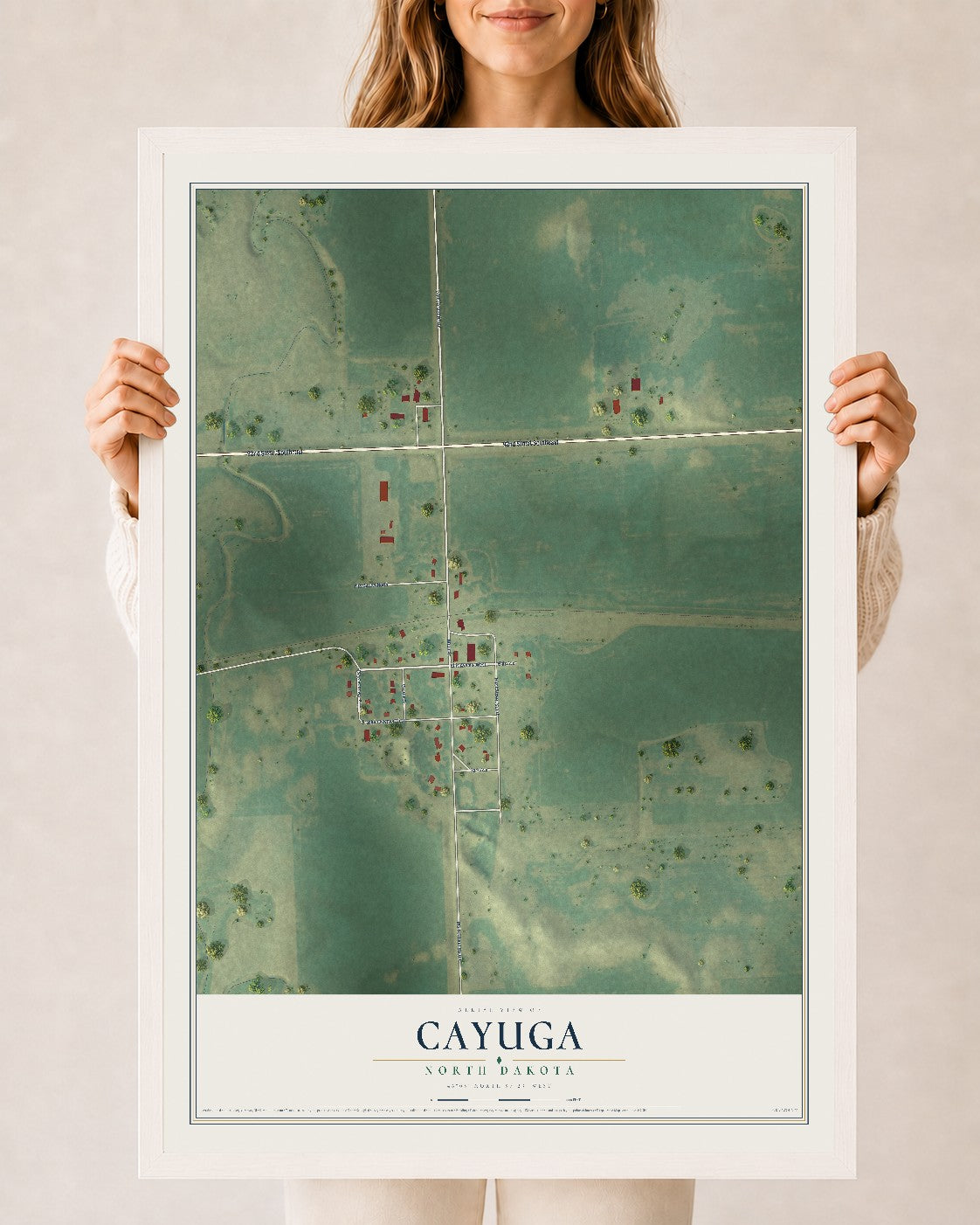 Map of Cayuga, North Dakota, 24 x 36 inch print in a white wood frame