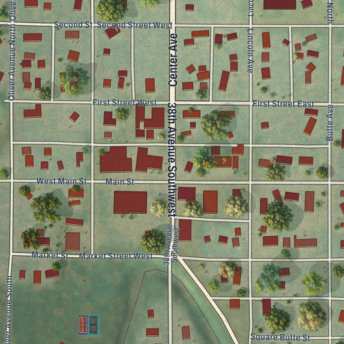Close-up of the map of Center, North Dakota print showing street and building detail