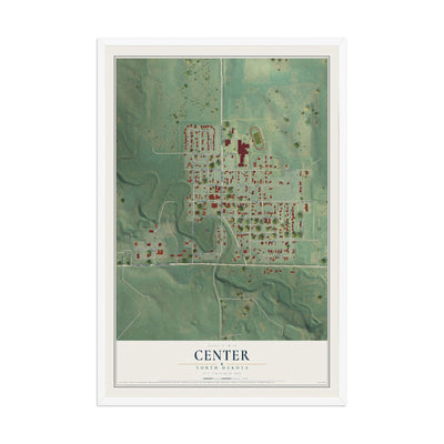 Map of Center, North Dakota, 12 x 18 inch print in a white wood frame