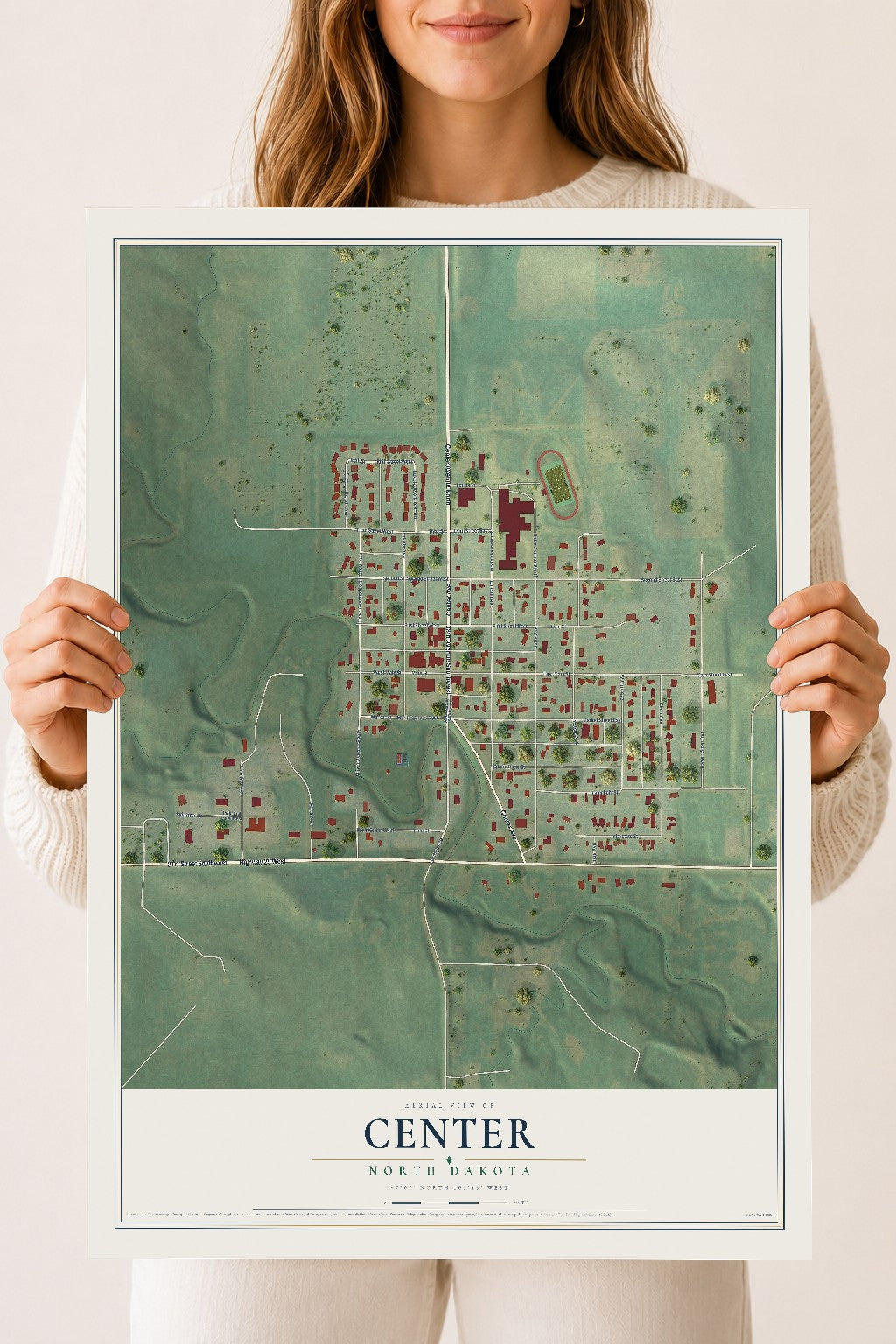 Map of Center, North Dakota, 18 x 24 inch unframed archival matte print