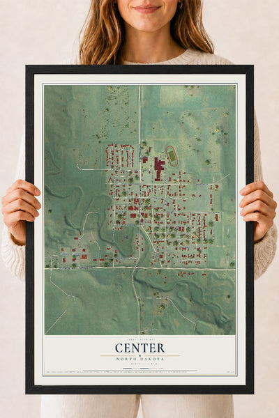 Map of Center, North Dakota, 18 x 24 inch print in a black wood frame