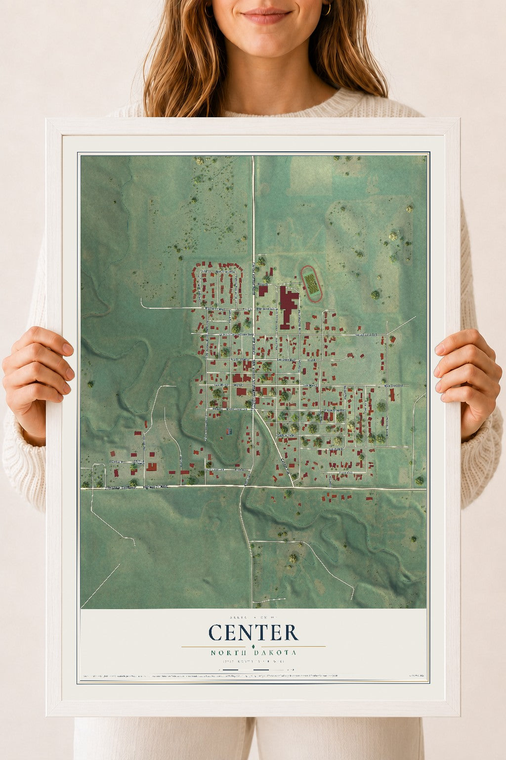 Map of Center, North Dakota, 18 x 24 inch print in a white wood frame