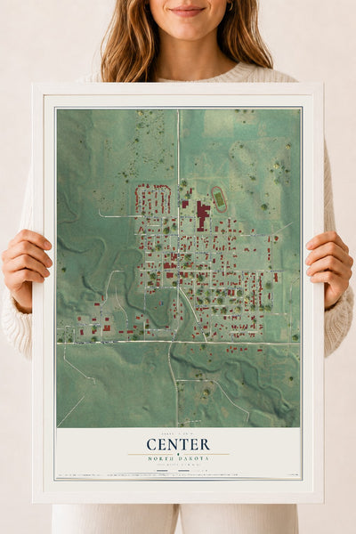 Map of Center, North Dakota, 18 x 24 inch print in a white wood frame