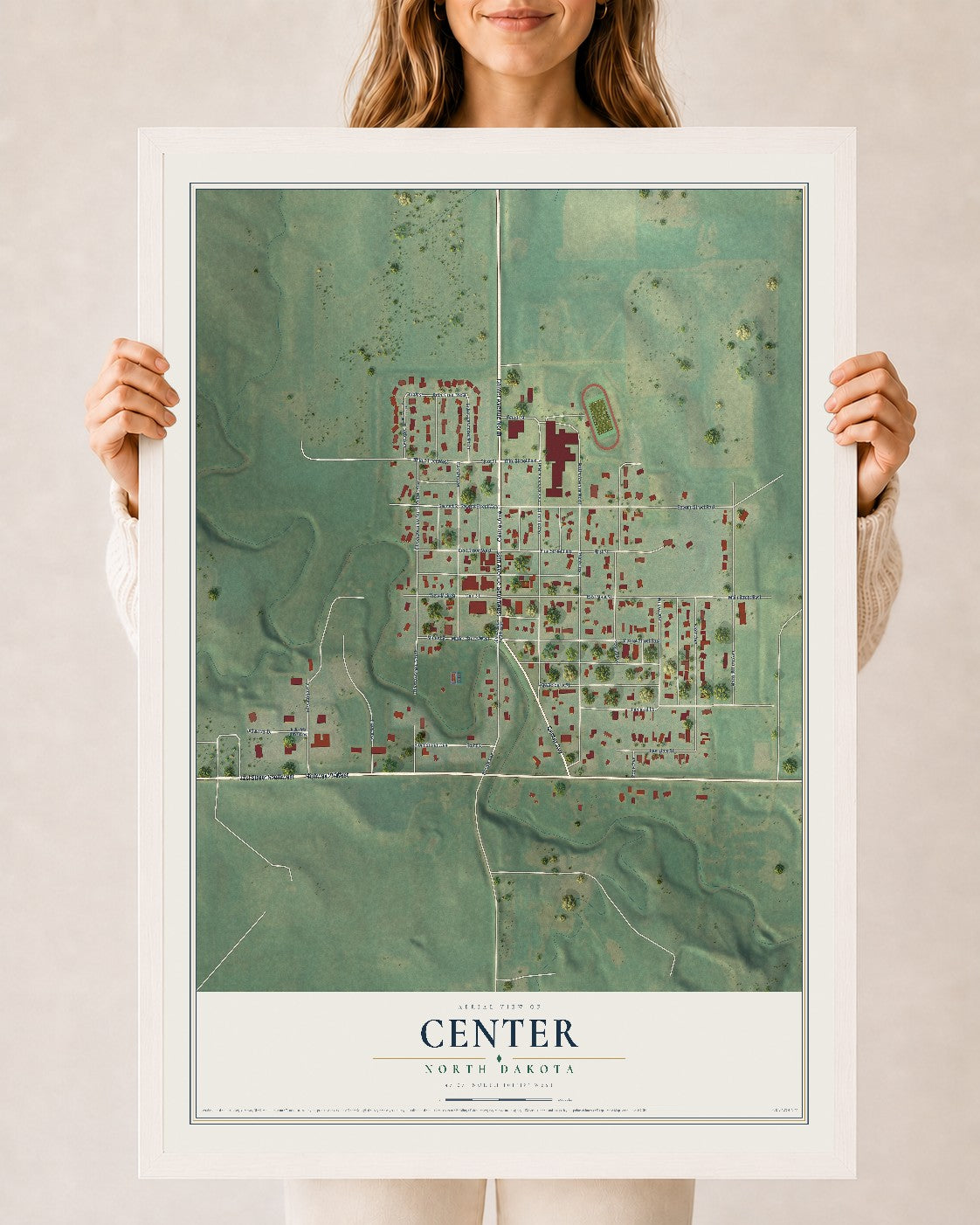 Map of Center, North Dakota, 24 x 36 inch print in a white wood frame