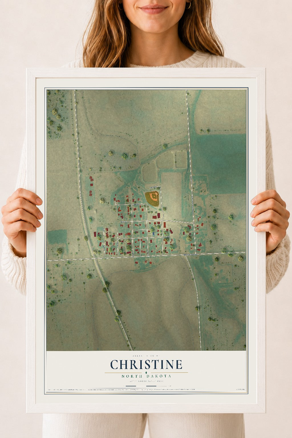 Map of Christine, North Dakota, 18 x 24 inch print in a white wood frame
