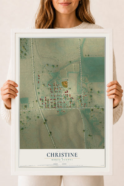 Map of Christine, North Dakota, 18 x 24 inch print in a white wood frame