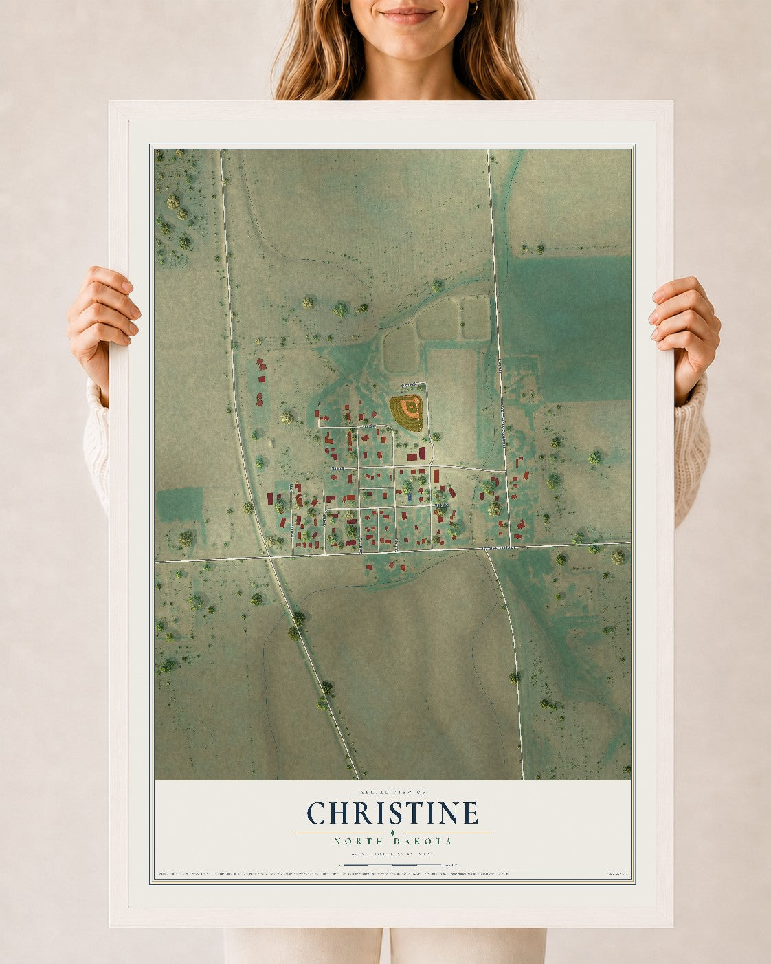 Map of Christine, North Dakota, 24 x 36 inch print in a white wood frame