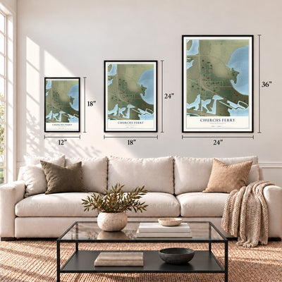 Churchs Ferry, North Dakota map in 12 x 18, 18 x 24 and 24 x 36 inch sizes above a sofa