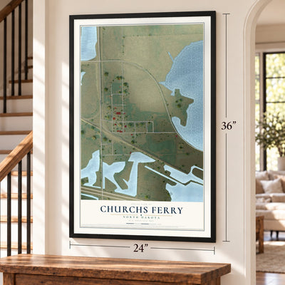 Churchs Ferry, North Dakota map, 24 x 36 inch print in a black frame by a staircase