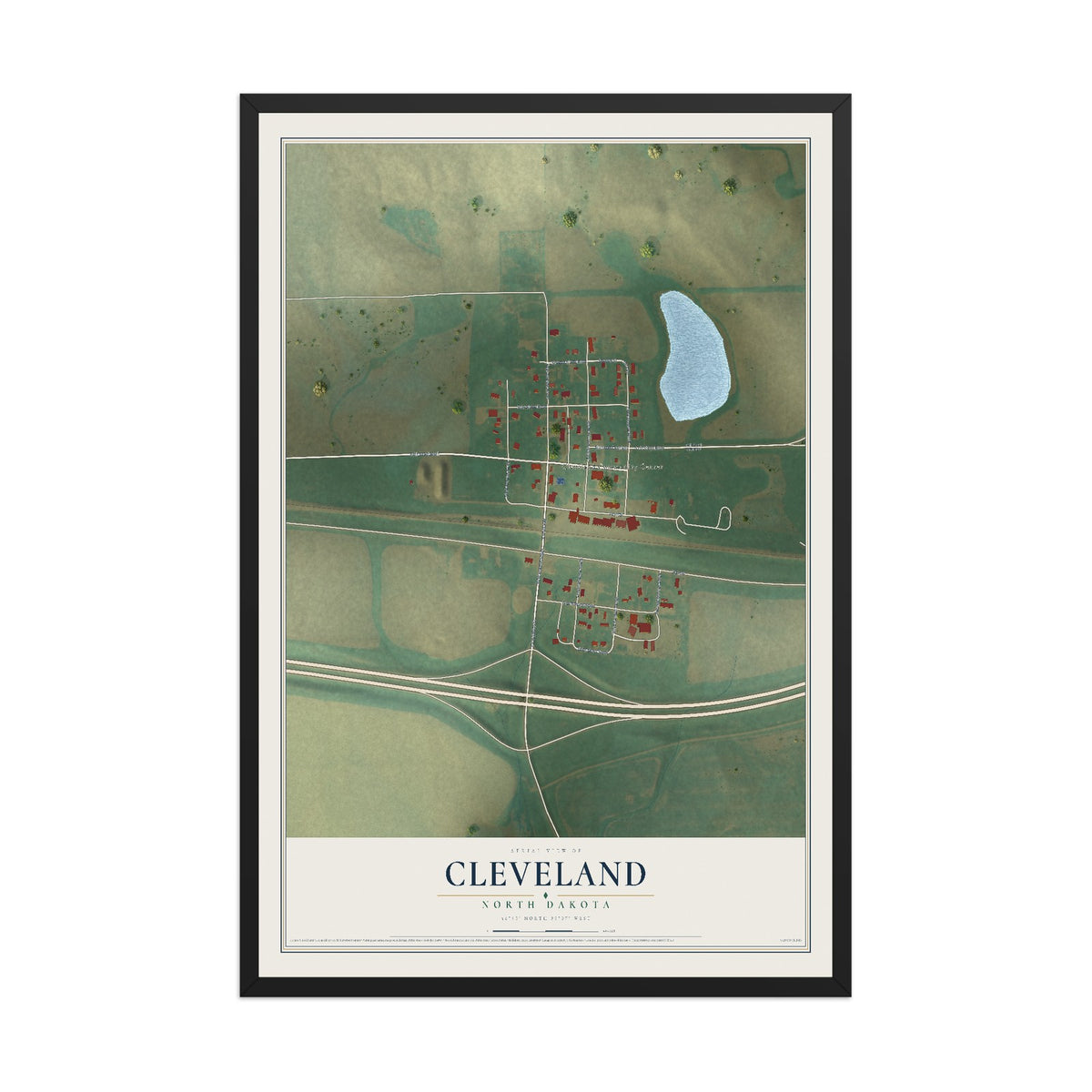 Map of Cleveland, North Dakota, 12 x 18 inch print in a black wood frame