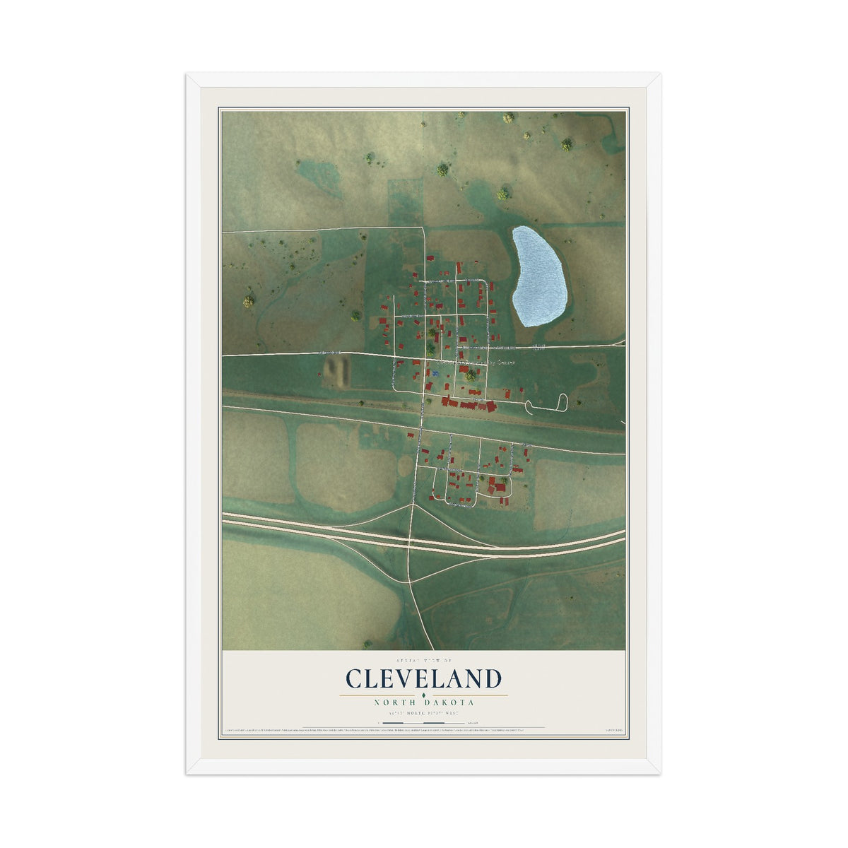 Map of Cleveland, North Dakota, 12 x 18 inch print in a white wood frame
