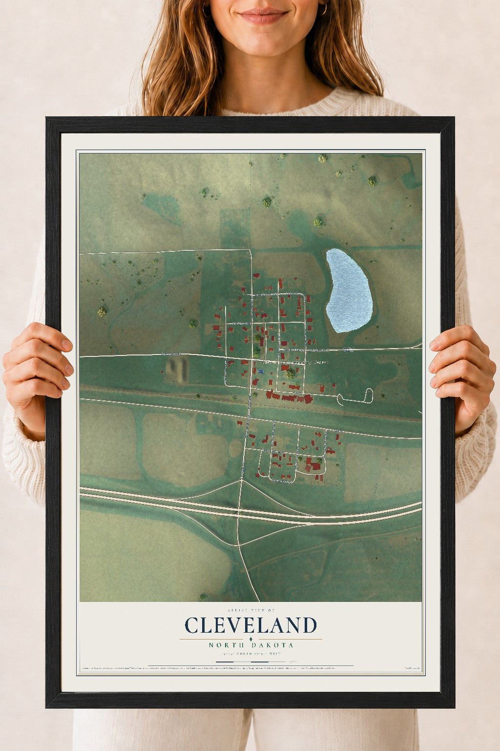 Map of Cleveland, North Dakota, 18 x 24 inch print in a black wood frame