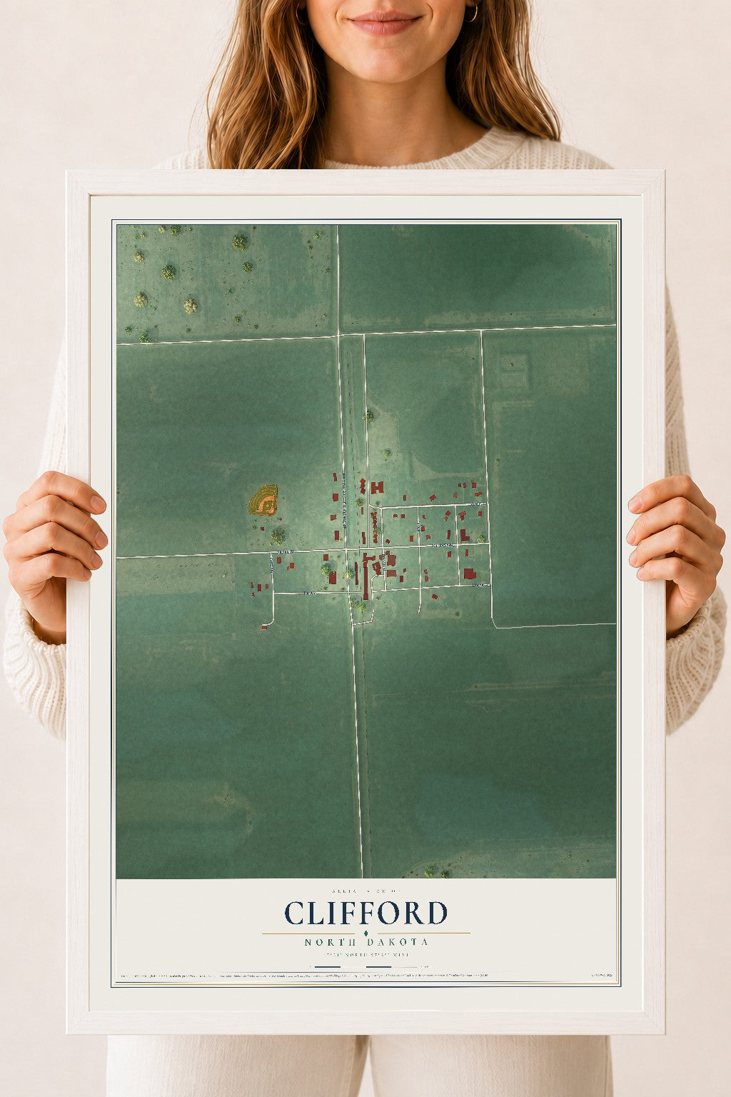 Map of Clifford, North Dakota, 18 x 24 inch print in a white wood frame