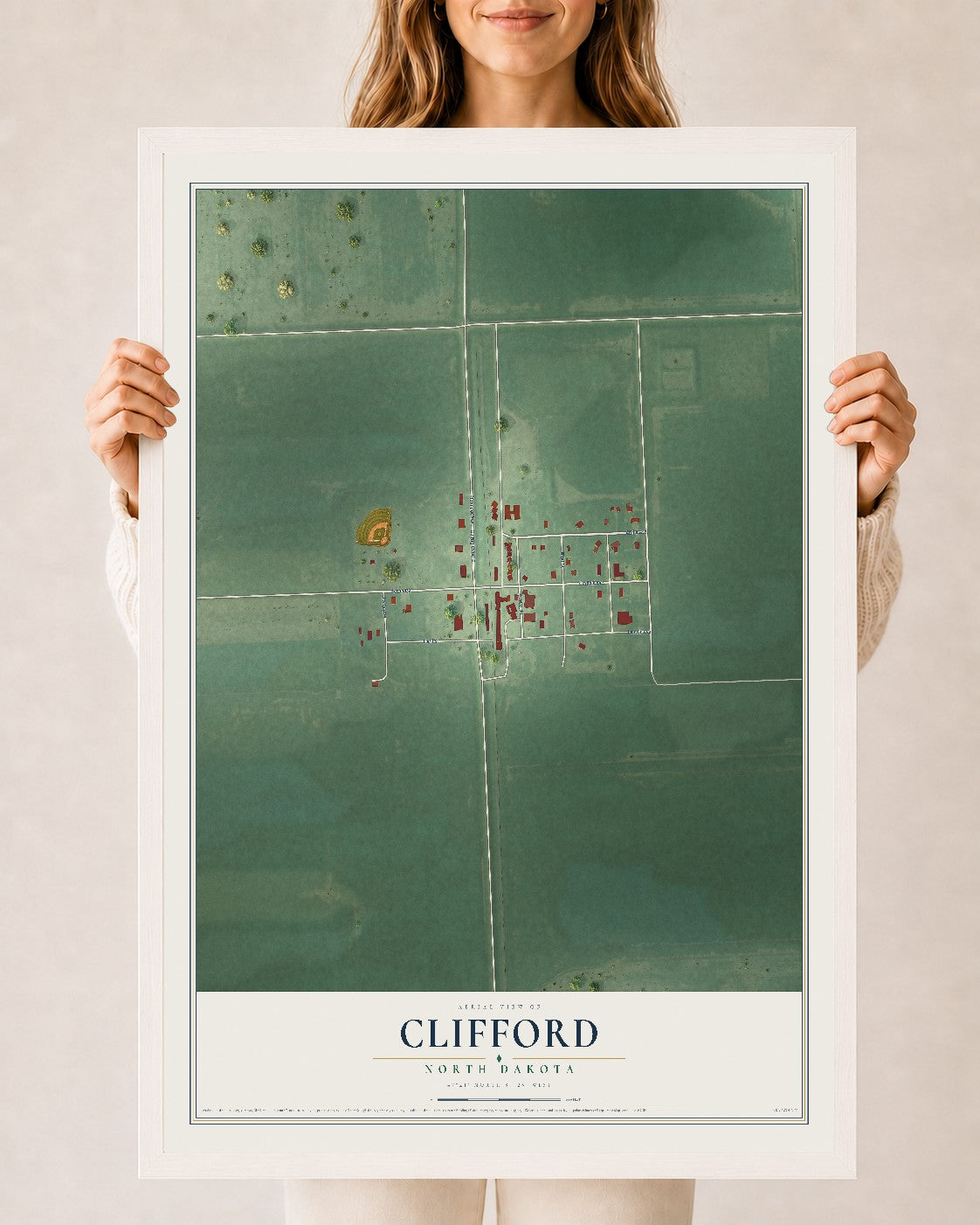 Map of Clifford, North Dakota, 24 x 36 inch print in a white wood frame