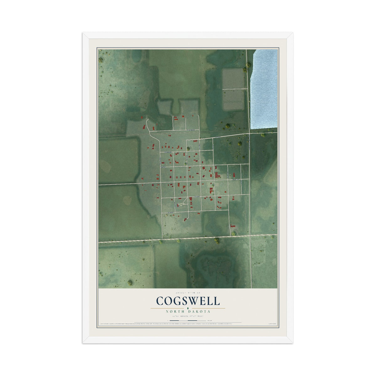 Map of Cogswell, North Dakota, 12 x 18 inch print in a white wood frame