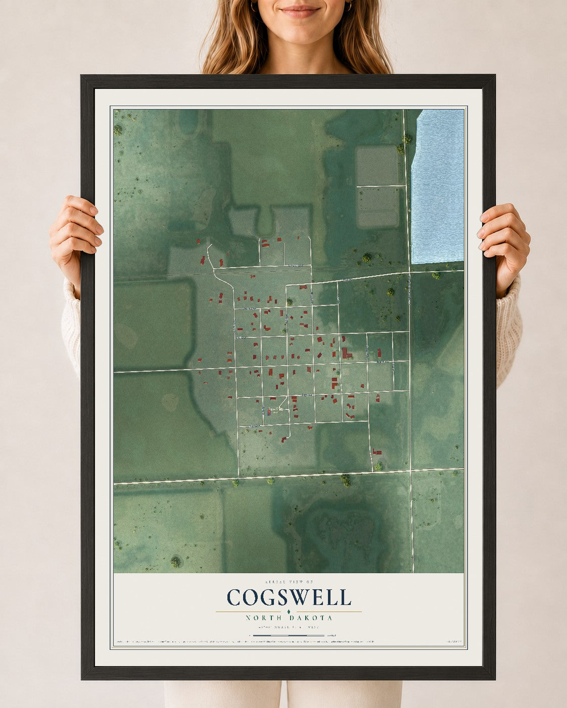 Map of Cogswell, North Dakota, 24 x 36 inch print in a black wood frame