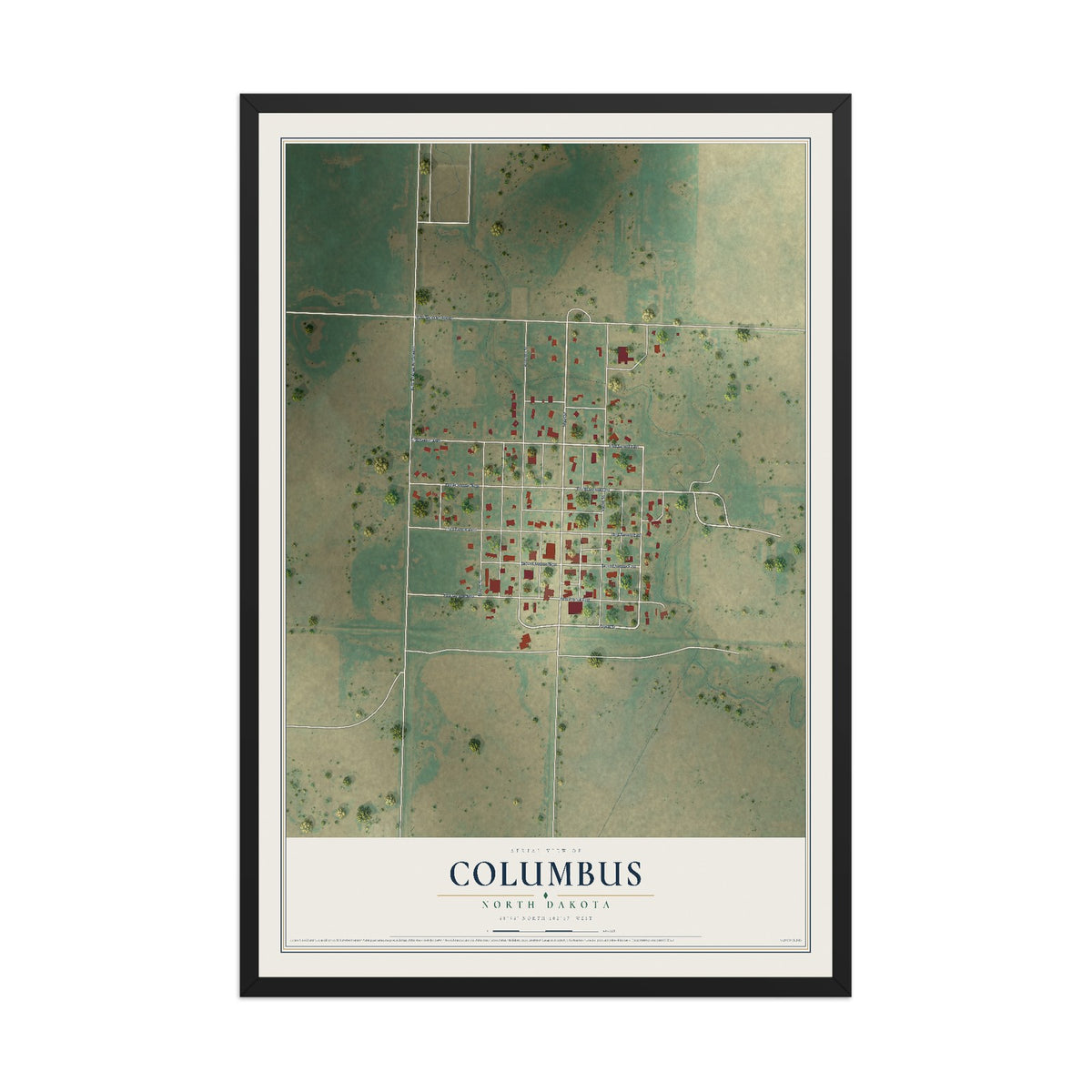 Map of Columbus, North Dakota, 12 x 18 inch print in a black wood frame
