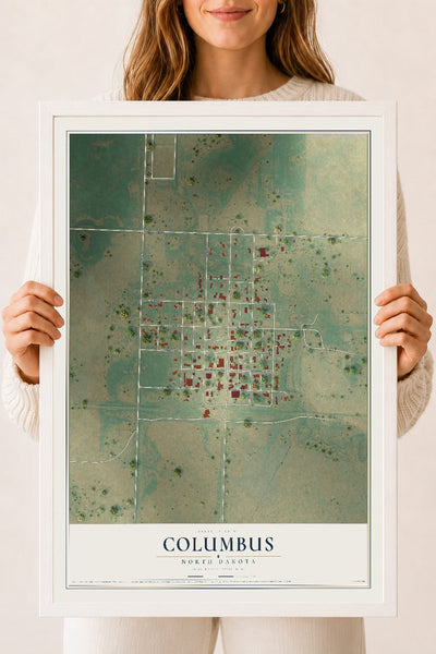 Map of Columbus, North Dakota, 18 x 24 inch print in a white wood frame