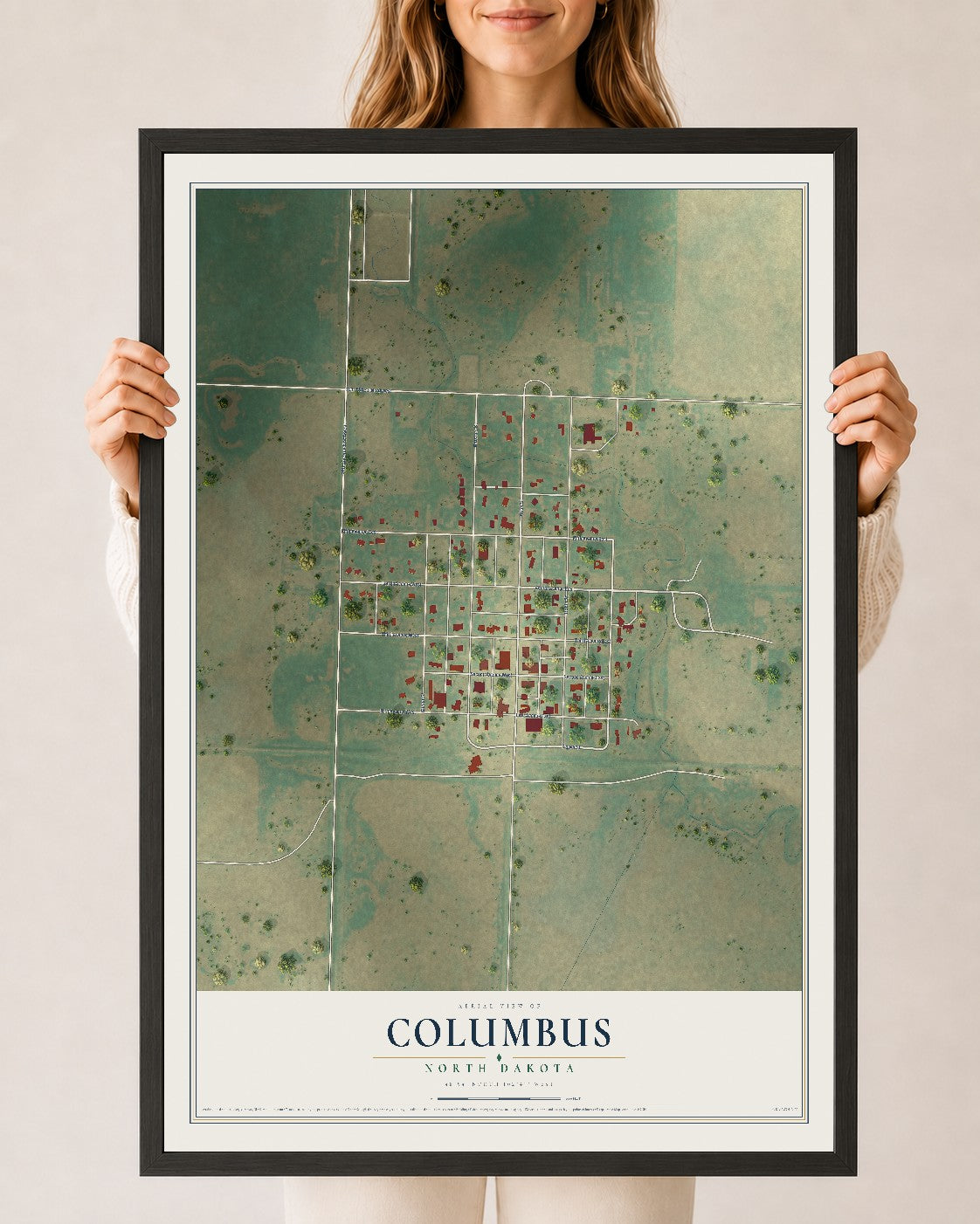 Map of Columbus, North Dakota, 24 x 36 inch print in a black wood frame
