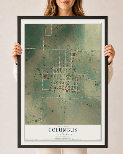 Map of Columbus, North Dakota, 24 x 36 inch print in a black wood frame