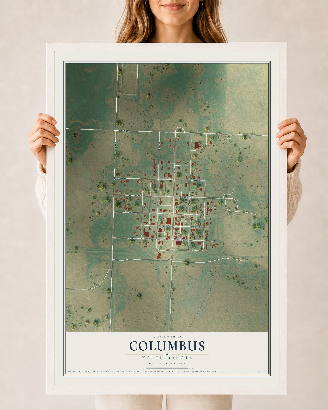Map of Columbus, North Dakota, 24 x 36 inch print in a white wood frame