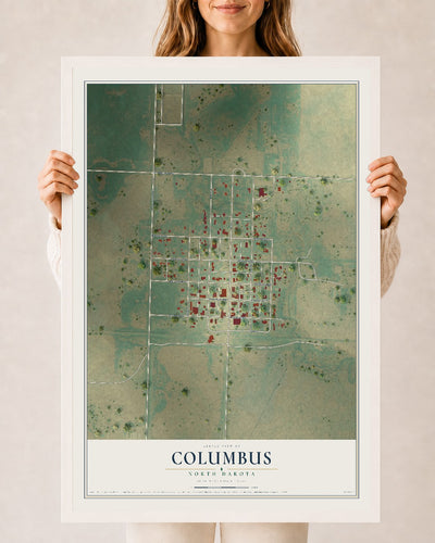 Map of Columbus, North Dakota, 24 x 36 inch print in a white wood frame