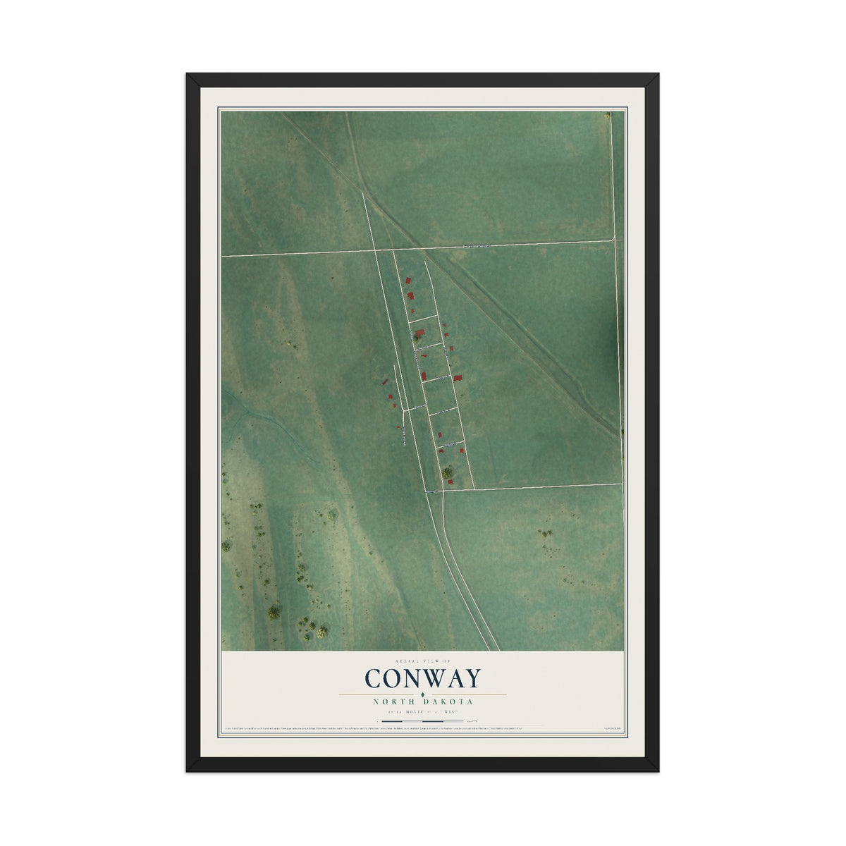 Map of Conway, North Dakota, 12 x 18 inch print in a black wood frame