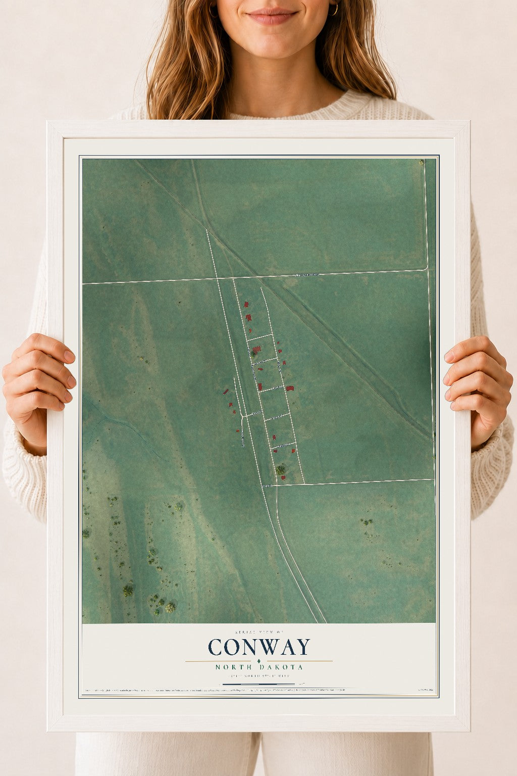 Map of Conway, North Dakota, 18 x 24 inch print in a white wood frame
