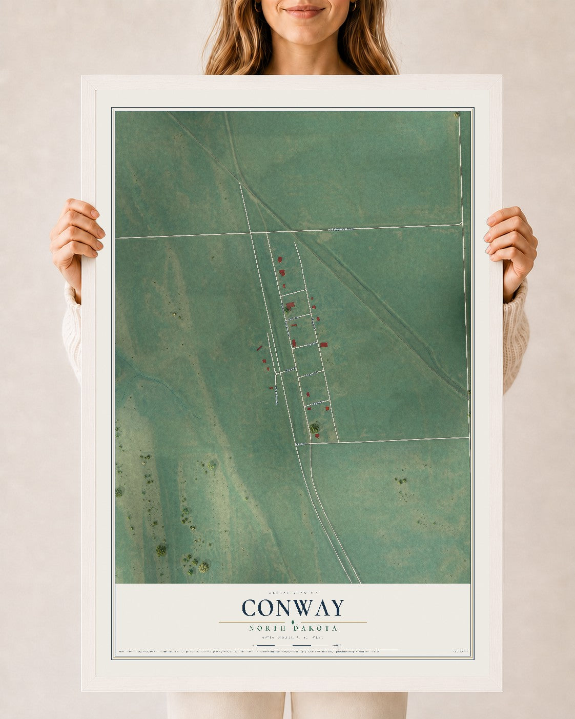Map of Conway, North Dakota, 24 x 36 inch print in a white wood frame