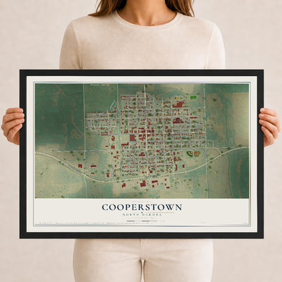 Map of Cooperstown, North Dakota, 12 x 18 inch print in a black wood frame