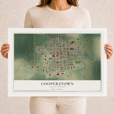 Map of Cooperstown, North Dakota, 12 x 18 inch print in a white wood frame
