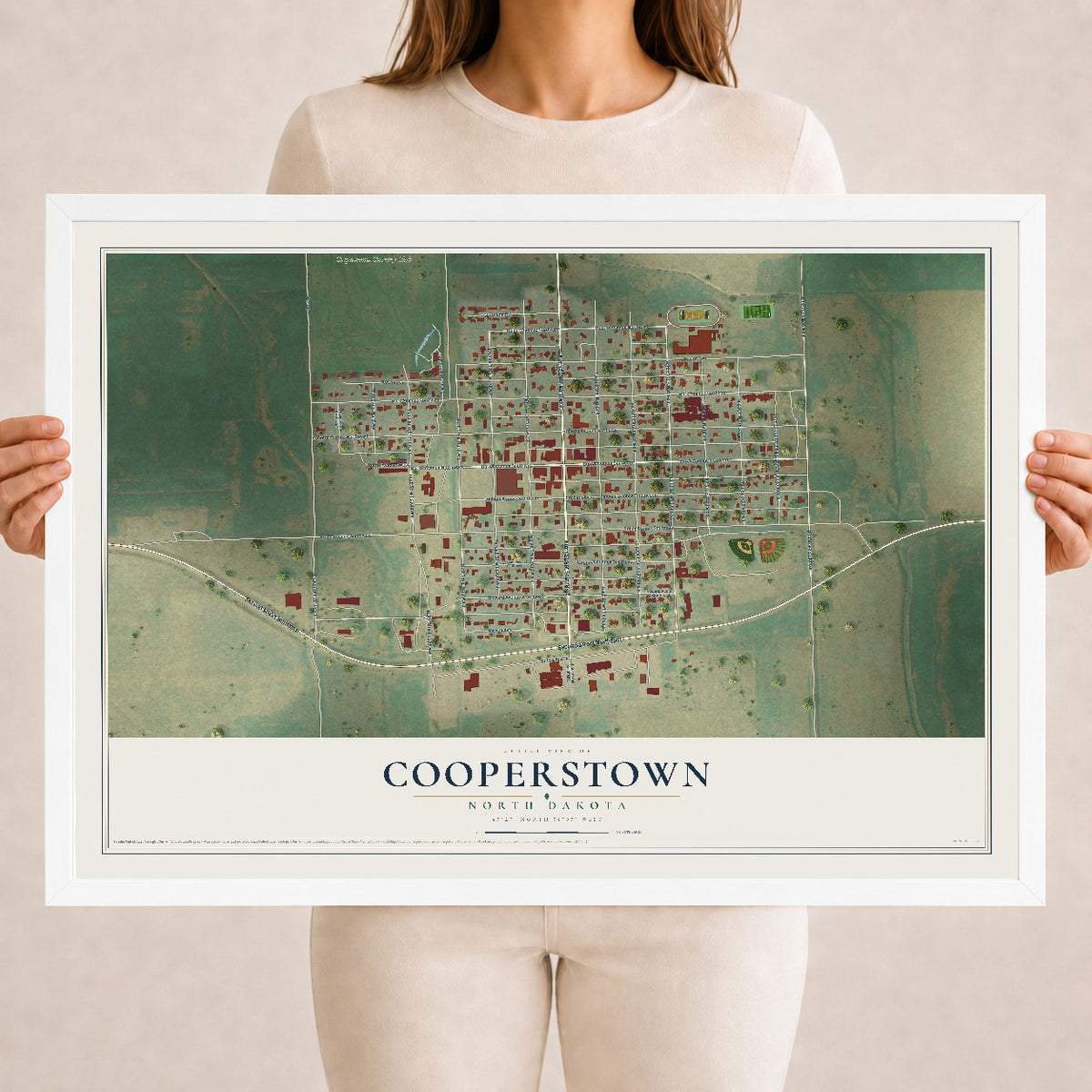 Map of Cooperstown, North Dakota, 18 x 24 inch print in a white wood frame