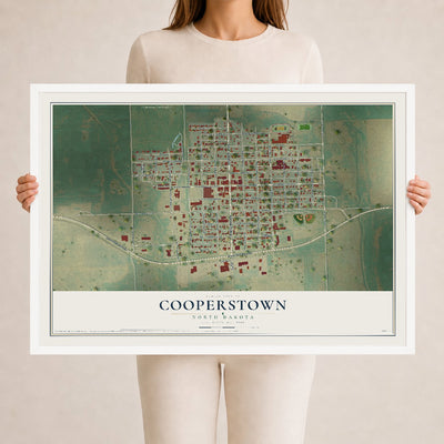 Map of Cooperstown, North Dakota, 24 x 36 inch print in a white wood frame