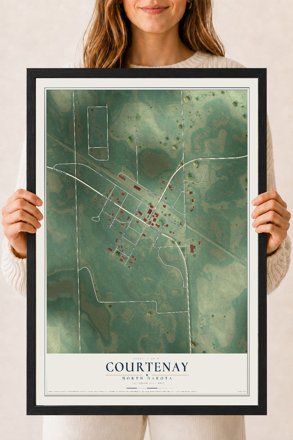 Map of Courtenay, North Dakota, 18 x 24 inch print in a black wood frame